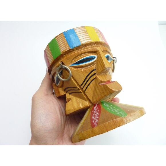 Vintage Carved Wood Tiki Candle Holder Stand 5" tall - Picture 2 of 5